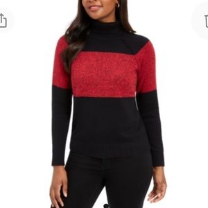 NEW Karen Scott Color Block Turtleneck Sweater, Size Small Petite, Red Black